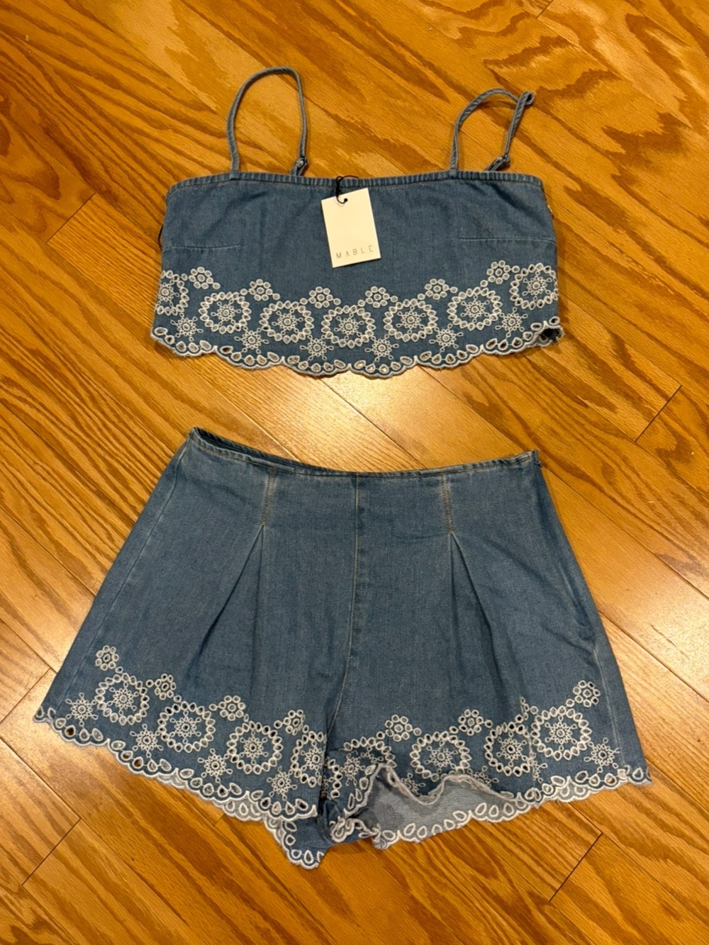 Anthropologie Mabel NEW Denim look Crop Top and Short Set Womens M Embroidered